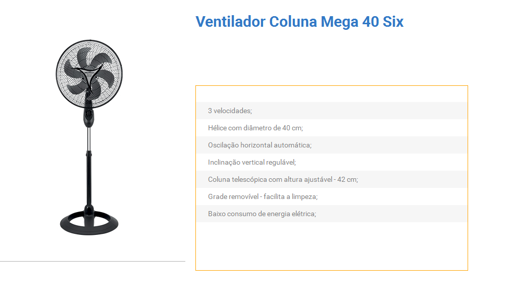 VENTILADOR BRITANIA COLUNA MEGA TURBO 40 SIX 6PAS 130WATS