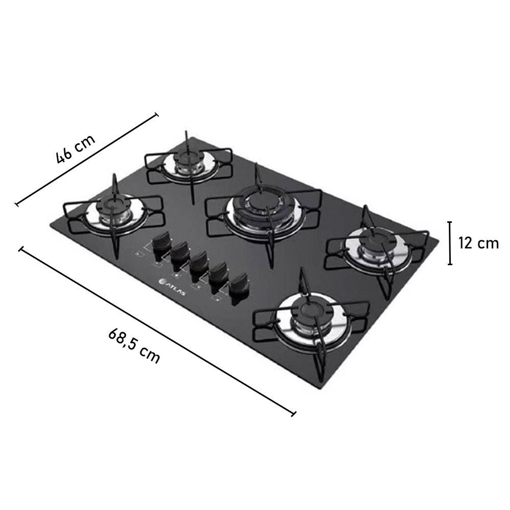 COOKTOP ATLAS 5 BOCAS COM MESA DE VIDRO E TRIPLA CHAMA AGILE UP GLASS