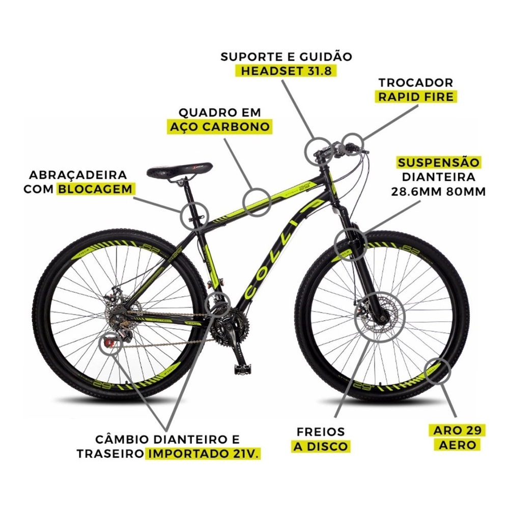 BICICLETA COLLI BIKE ATHENA ARO 29 COM FREIO A DISCO, 21 MARCHAS, QUADRO 19”