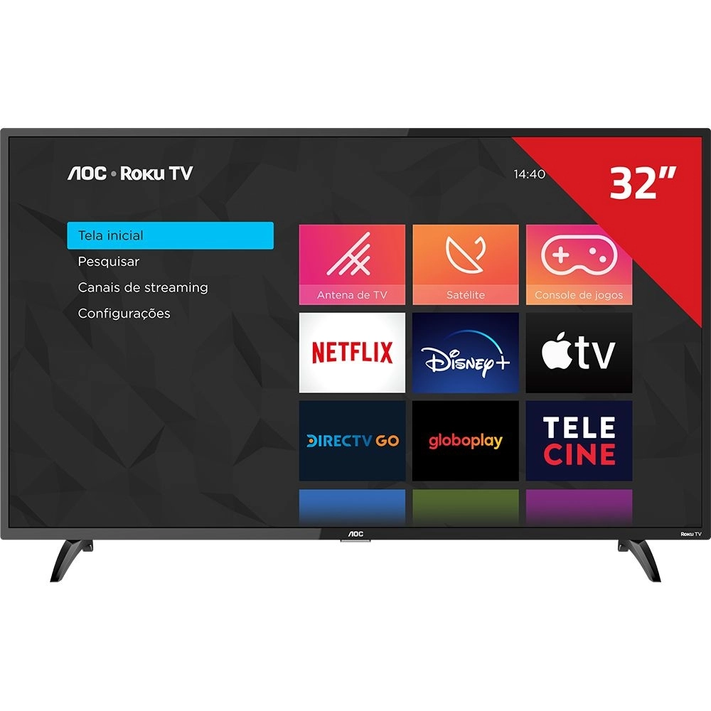 Smart TV AOC Roku LED 32 32S5195/78 Wi-F,i 3 HDMI, 1 USB com Controle Remoto com atalhos Roku Mobile Miracast