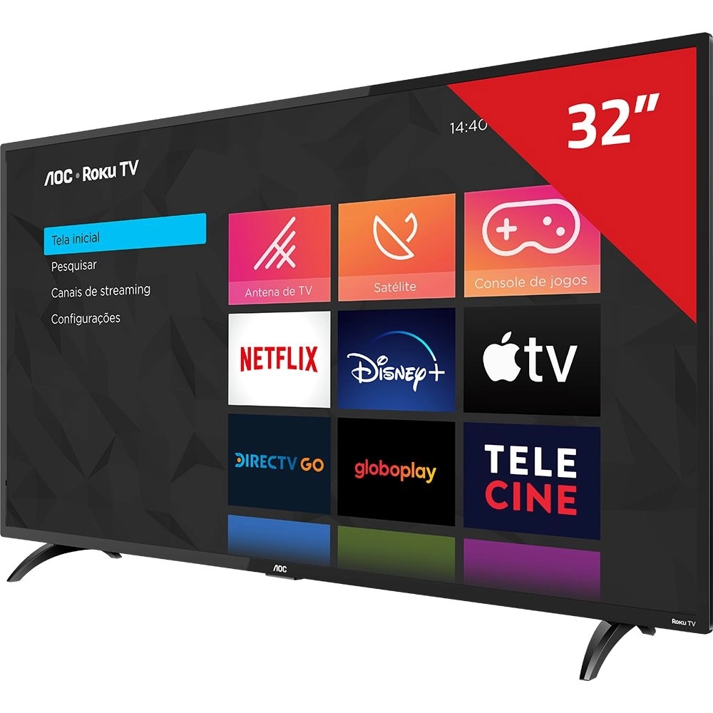 Smart TV AOC Roku LED 32 32S5195/78 Wi-F,i 3 HDMI, 1 USB com Controle Remoto com atalhos Roku Mobile Miracast