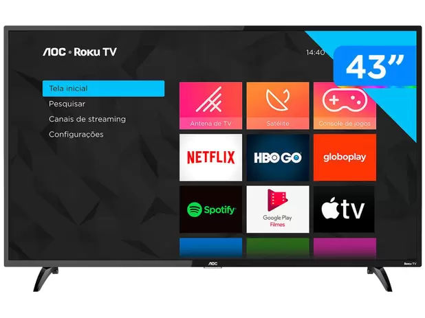 Smart TV AOC Roku LED 43 Polegadas Full HD 43S5195/78 com Wi-fi, Controle Remoto com Atalhos, Miracast, Entradas HDMI e USB