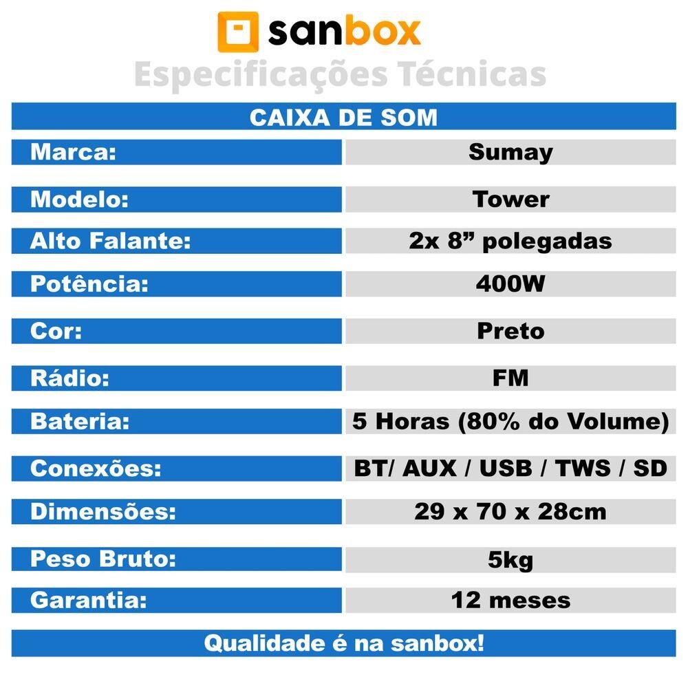 Caixa De Som Portátil Tower 400W Sumay SM-CAP30 Preta